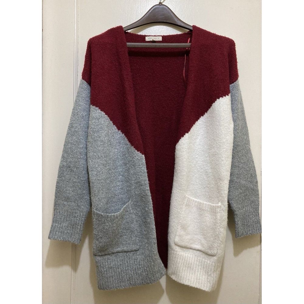 Reborn J Womens Cardigan Sweater Medium Open Maroon Gray Ivory Color Block Soft
